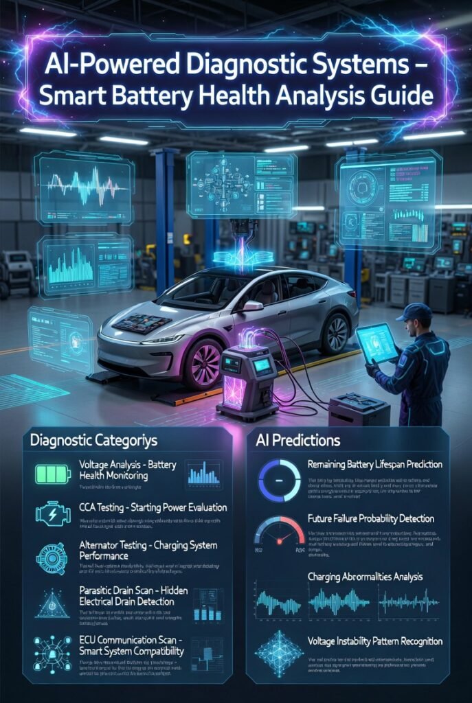 AI-powered automotive diagnostic system analyzing car battery health with digital dashboard, technician interface, and advanced testing metrics displayed in a futuristic workshop.