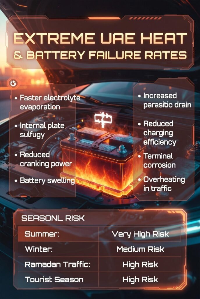 Infographic showing UAE extreme heat effects on car batteries, with central vehicle image and side panels listing heat damage causes and seasonal battery risks.