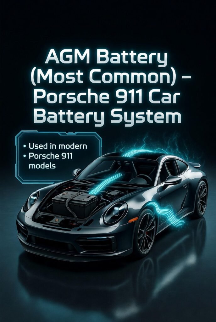 Luxury infographic showing AGM battery system used in Porsche 911, highlighting features like heat resistance, deep cycle stability, and start-stop compatibility.