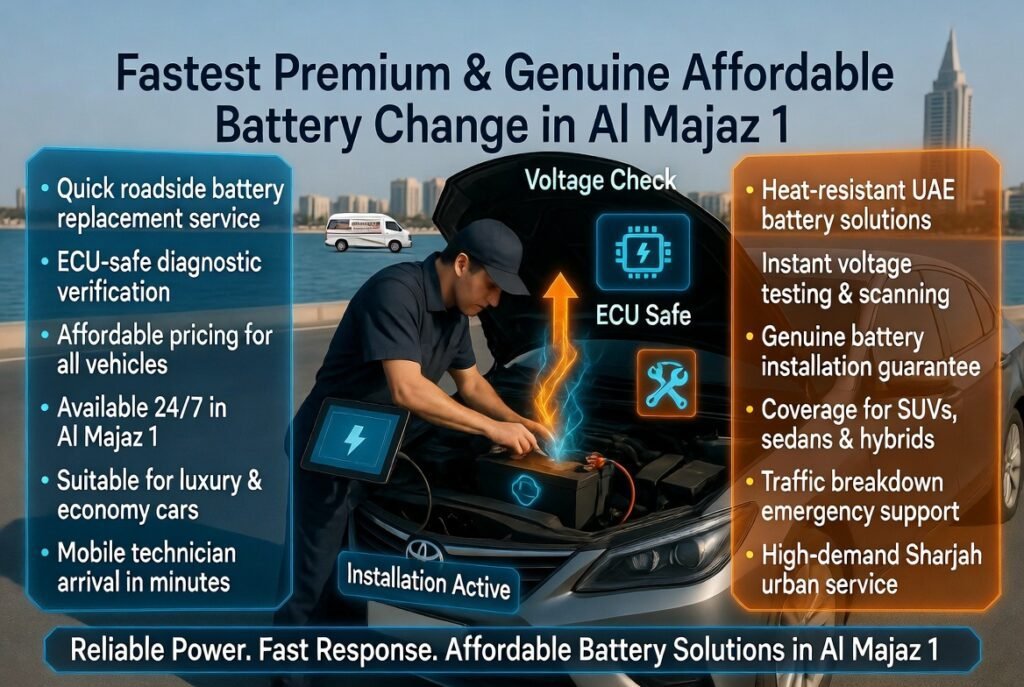 Mobile technician performing affordable car battery replacement in Al Majaz 1 with ECU diagnostic scanning and roadside installation service in UAE heat conditions.