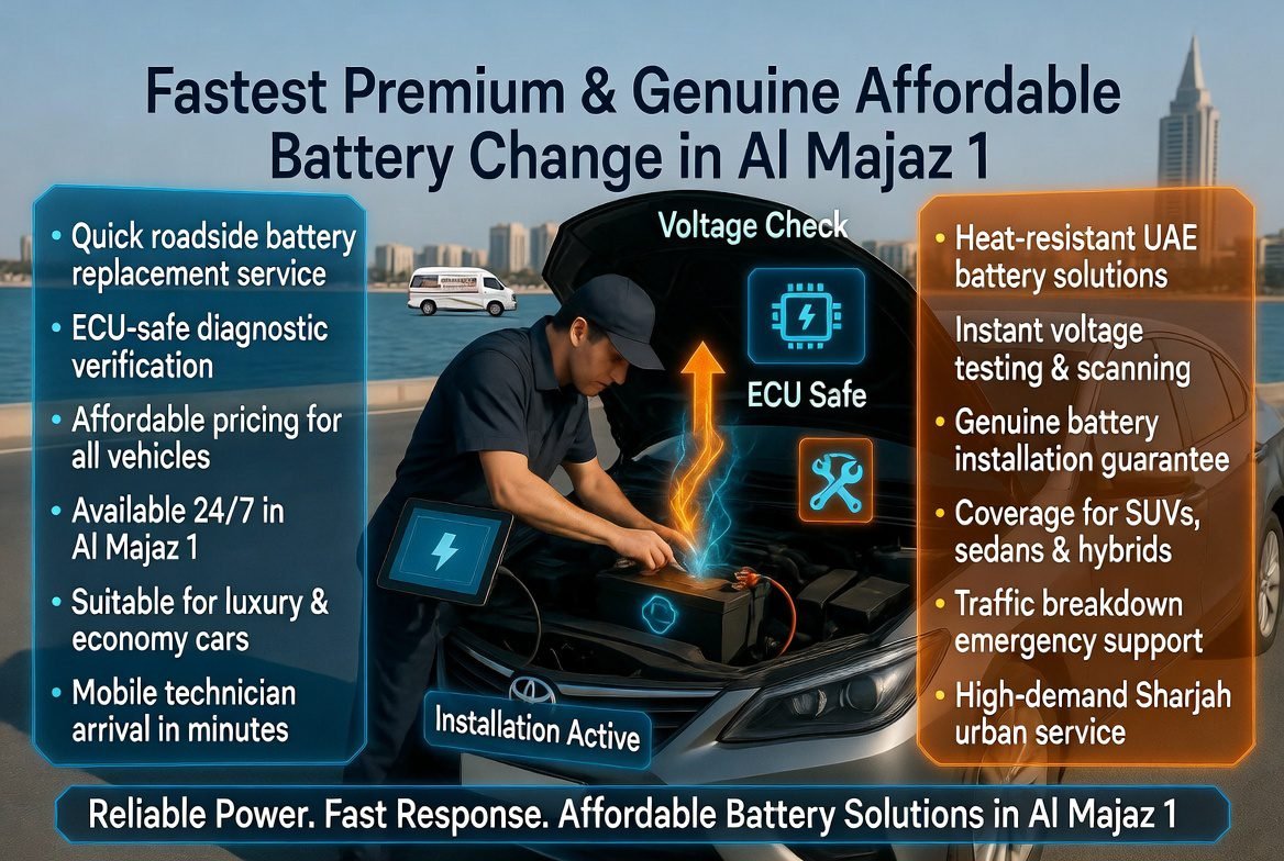Mobile technician performing affordable car battery replacement in Al Majaz 1 with ECU diagnostic scanning and roadside installation service in UAE heat conditions.