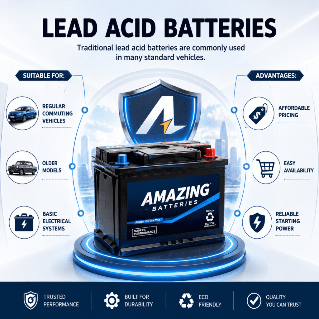 Lead Acid Batteries guide showing suitable vehicles, benefits, affordable pricing, easy availability, and reliable starting power.