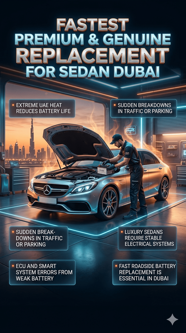 Luxury sedan battery replacement guide in Dubai showing mechanic installing a new car battery with infographic points highlighting heat impact, breakdown risks, and emergency roadside service.