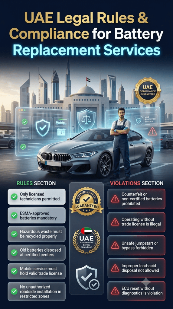 UAE compliance infographic showing legal rules and violations for emergency car battery replacement services in Dubai with technician, luxury car, and Dubai skyline background.