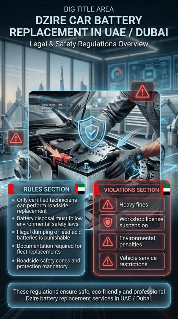 Dzire Car Battery Replacement in UAE / Dubai – Safety & Legal Regulations Guide Infographic showing UAE regulations for Dzire car battery replacement, including legal requirements, safety rules, environmental guidelines, and penalties for violations in a professional automotive workshop setting.