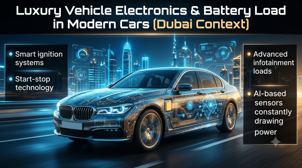 Luxury Vehicle Electronics & Battery Load in Modern Cars (Dubai Context) Premium infographic showing luxury car electronic systems like BMW, Mercedes, and Range Rover, highlighting smart ignition, start-stop technology, infotainment load, and AI sensor power drain.