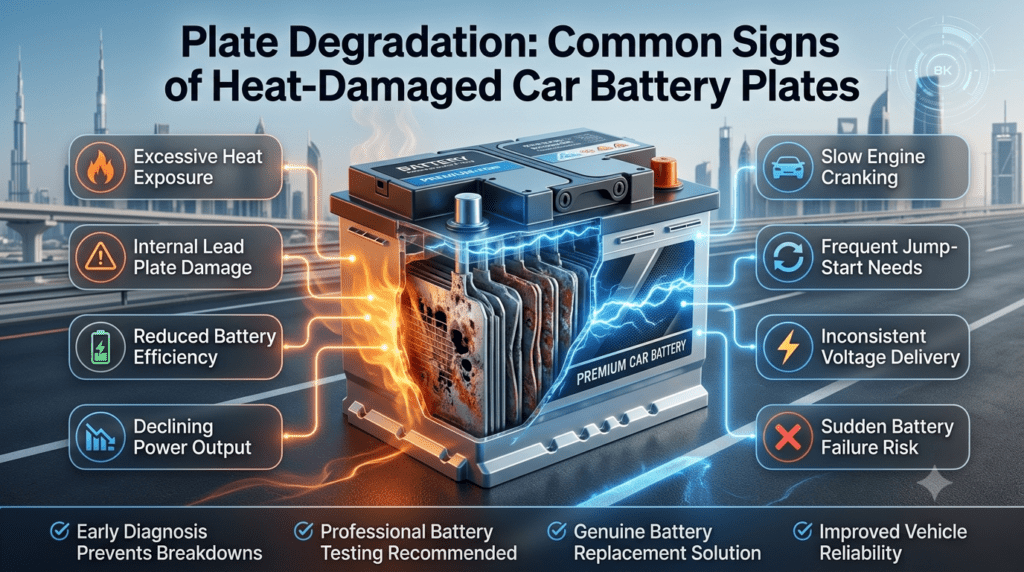 Plate degradation automotive infographic showing heat-damaged battery plates, slow engine cranking, frequent jump-start requirements, inconsistent voltage delivery, and sudden battery failure symptoms.