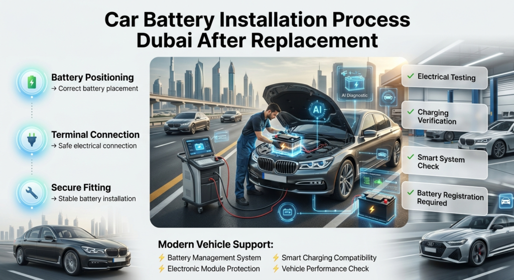 Car battery installation process Dubai infographic showing battery positioning, terminal connection, secure fitting, electrical testing, charging verification, and battery registration.