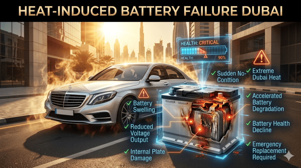 Heat-Induced Battery Failure Dubai – Extreme Heat Battery Damage Luxury vehicle in Dubai experiencing heat-induced battery failure, showing a swollen car battery, warning indicators, reduced voltage effects, and advanced battery damage diagnostics in a premium automotive infographic design.
