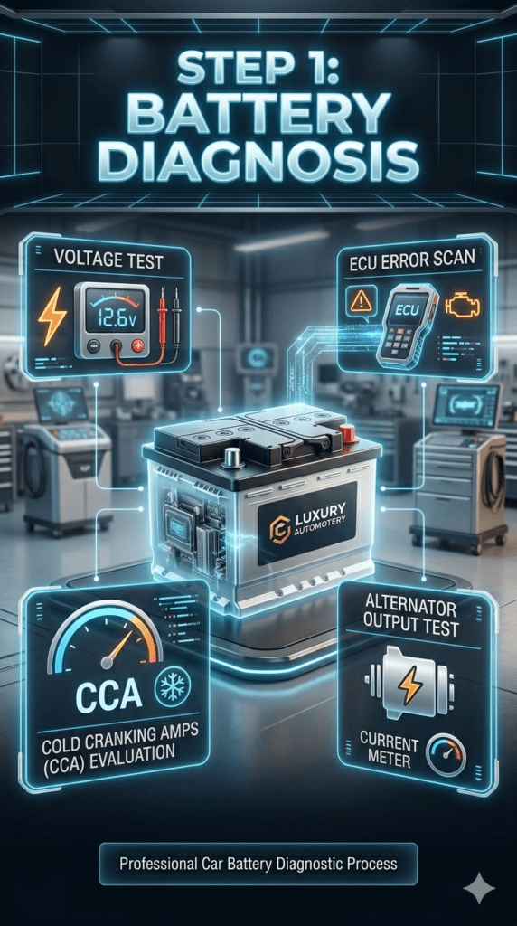 Infographic showing step 1 of car battery diagnosis with central battery image and side panels listing voltage test, CCA evaluation, ECU scan, and alternator test.