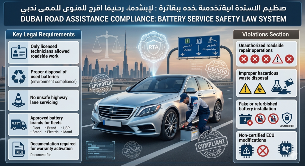 Infographic showing UAE legal rules and RTA regulations for Fastest Premium & Genuine Car battery failure during travel Dubai, including licensed technicians, safety rules, and violation warnings.