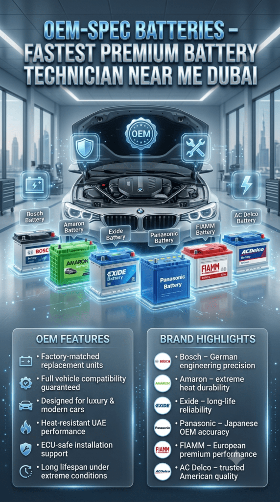 OEM-Spec Car Batteries Dubai β Fastest Premium Battery Technician Near Me Service Guide Premium automotive infographic showing OEM-spec car batteries used in Dubai including Bosch, Amaron, Exide, Panasonic, FIAMM, and AC Delco displayed in a luxury workshop environment for battery technician services.