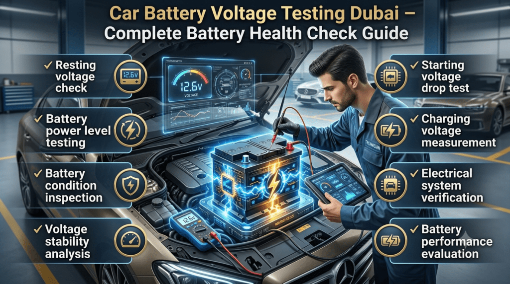 Car battery voltage testing in Dubai showing resting voltage, starting voltage drop, charging voltage, and battery stability checks