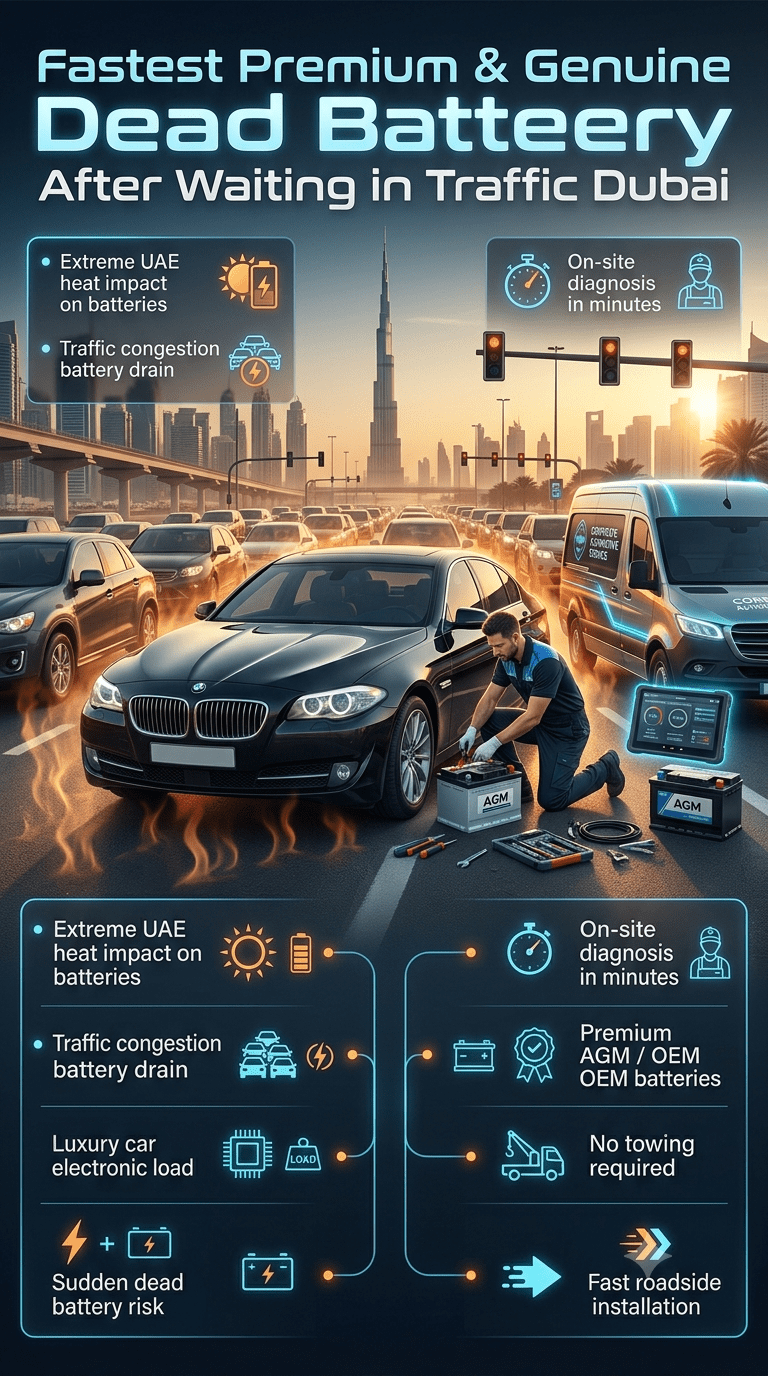 Luxury car battery replacement in Dubai traffic showing mobile mechanic providing Fastest Premium & Genuine Dead Battery After Waiting in Traffic Dubai service with roadside AGM installation.