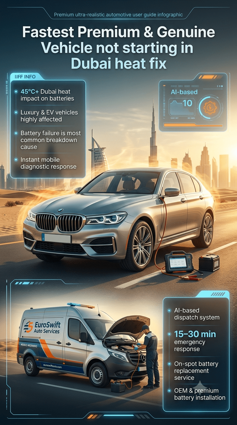 Luxury car breakdown in Dubai heat with mobile mechanic performing emergency battery diagnostics and roadside replacement service under extreme 45°C conditions.