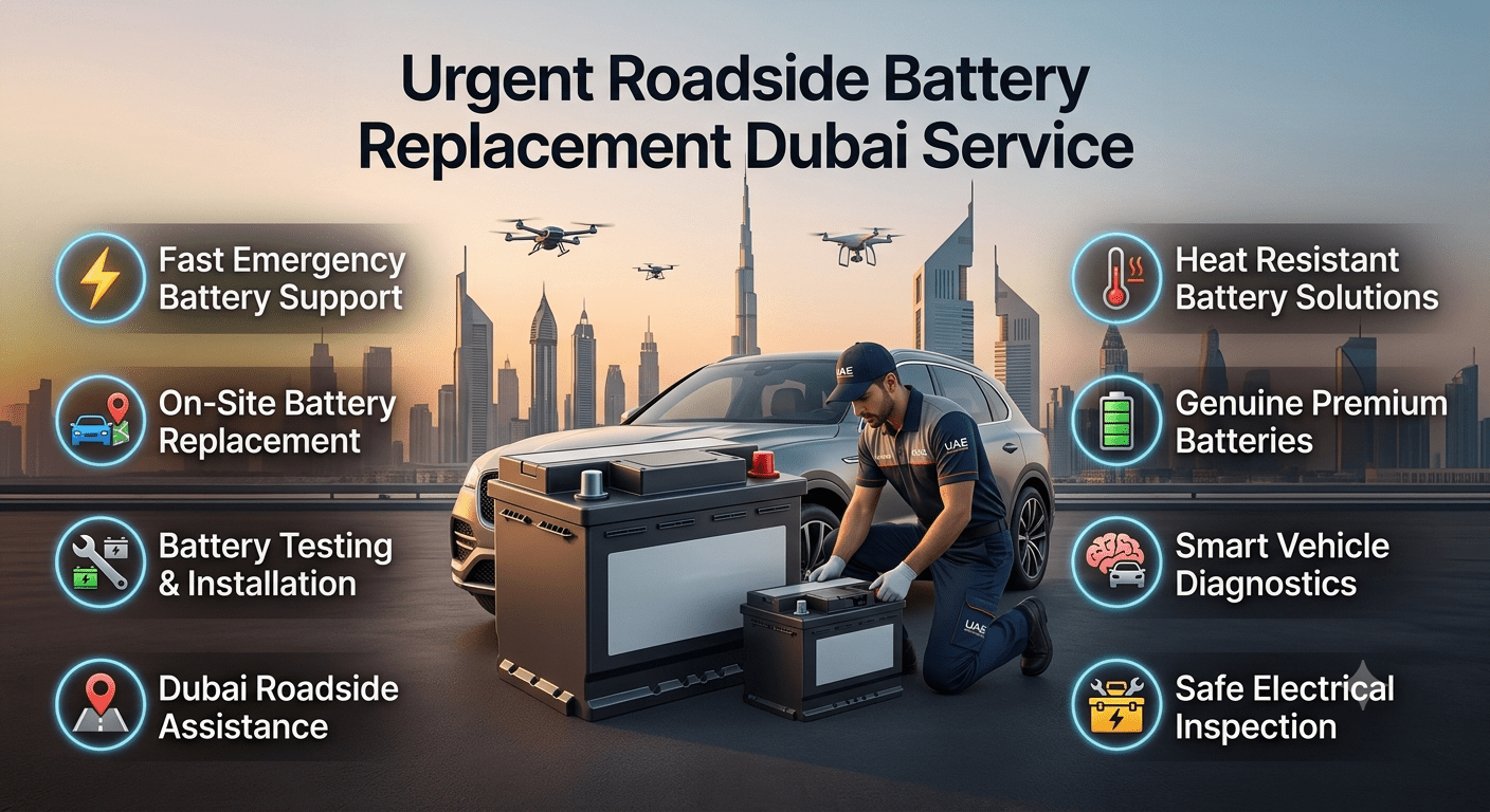 Urgent roadside battery replacement Dubai service showing premium car battery assistance, mobile technician installation, vehicle diagnostics, and emergency roadside support.