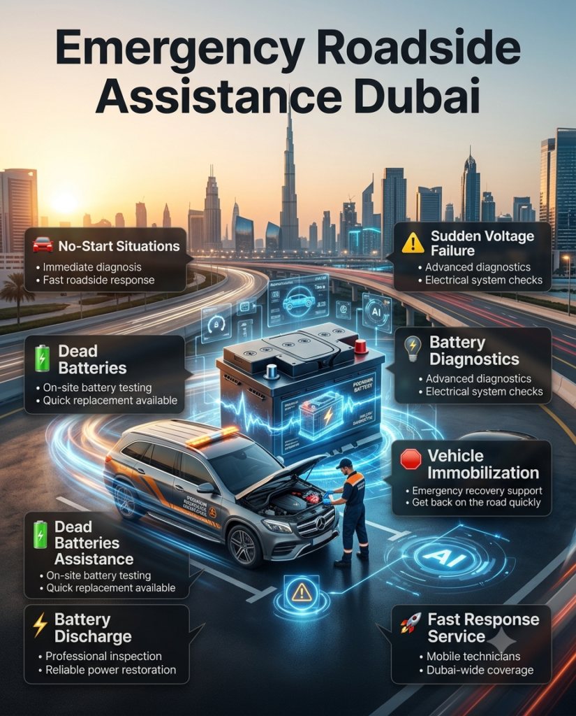 Premium automotive roadside assistance infographic showing a stranded luxury vehicle and a professional emergency battery service team in Dubai. A large battery and service vehicle appear in the center, while emergency assistance benefits including no-start situations, dead batteries, battery discharge, sudden voltage failure, and vehicle immobilization are displayed in animated information panels around the design.