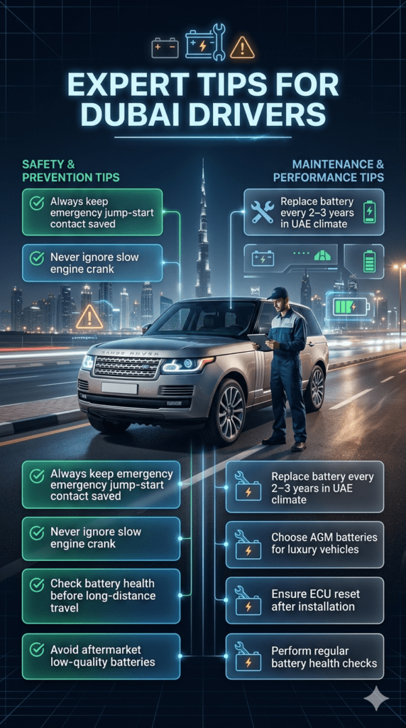Infographic showing expert tips for Dubai drivers on car battery care including jump-start readiness, battery replacement intervals, AGM battery usage, and ECU reset advice in a luxury roadside automotive setting.