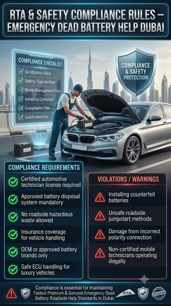 Compliance infographic for emergency dead battery roadside help Dubai showing RTA safety rules, certified technicians, approved battery usage, ECU handling, and violations including counterfeit batteries and unsafe jumpstart practices.