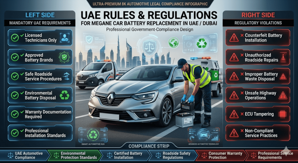 UAE regulations infographic for Megane car battery replacement showing legal requirements, certified technicians, approved battery brands, environmental disposal rules, and prohibited violations.