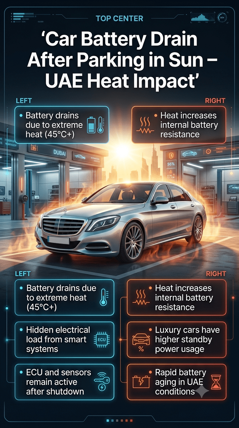 Luxury car parked under extreme Dubai sun showing battery drain warning caused by heat stress, ECU load, and high temperature impact on modern vehicle systems.