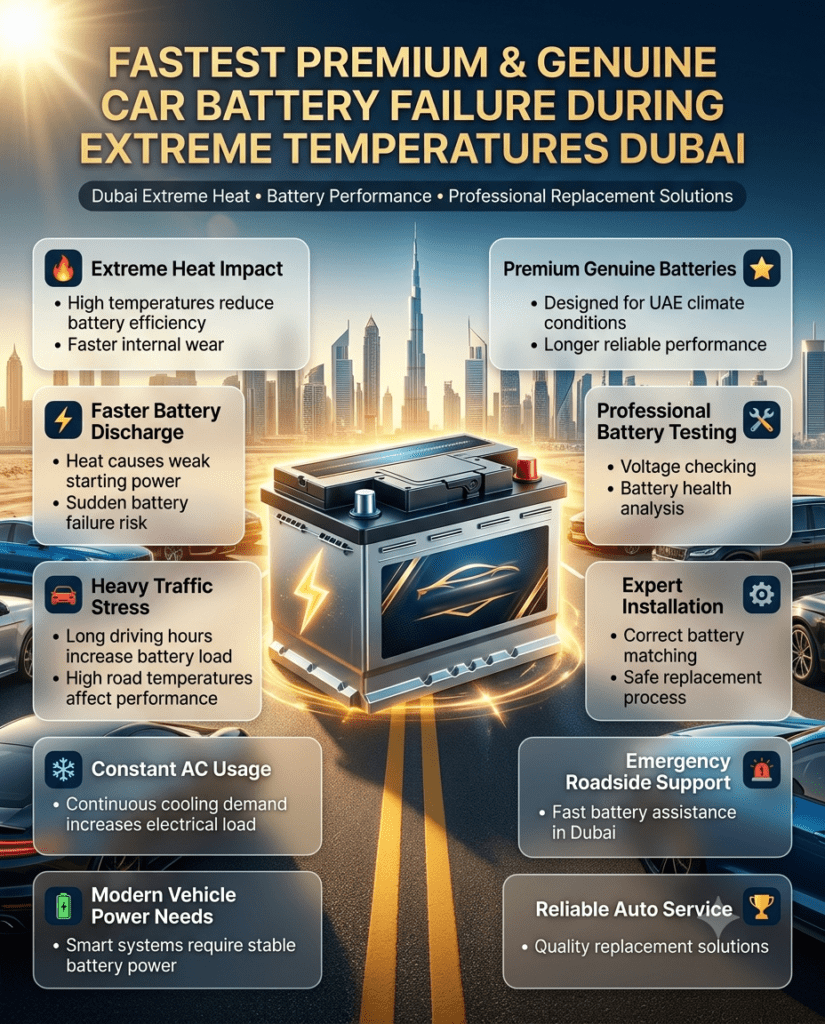 Premium car battery failure guide infographic showing Dubai extreme temperature effects, battery performance issues, and professional replacement solutions with a luxury automotive design.