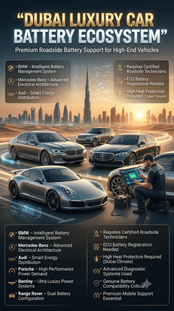 Dubai Luxury Car Battery Ecosystem – Premium Roadside Support Guide Luxury infographic showing Dubai premium cars like BMW, Mercedes, Audi, Porsche, Bentley, and Range Rover with roadside battery assistance and advanced vehicle battery systems.