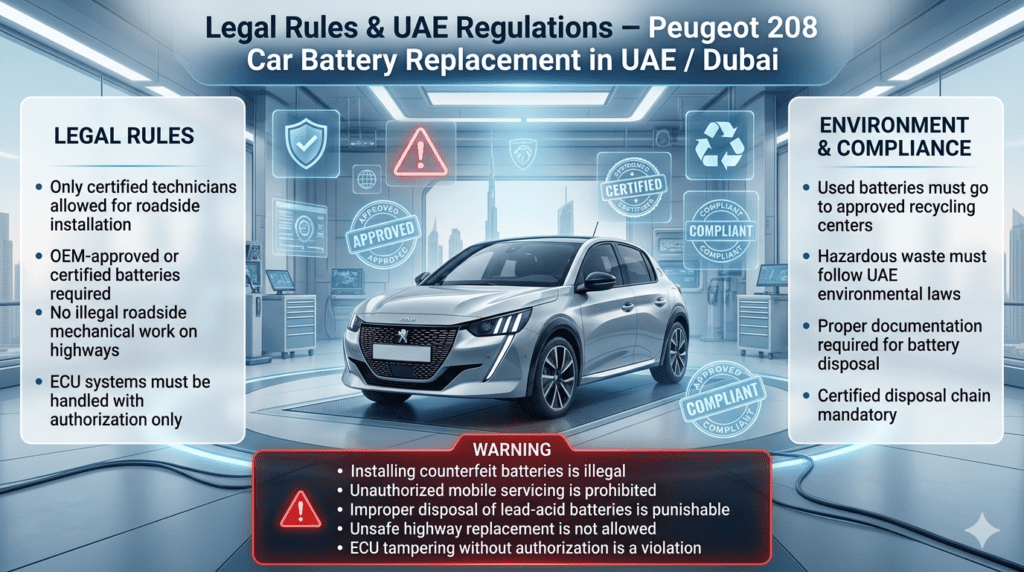 Infographic showing legal rules and UAE regulations for Peugeot 208 car battery replacement in Dubai including certified technicians requirement, battery disposal laws, and violations.