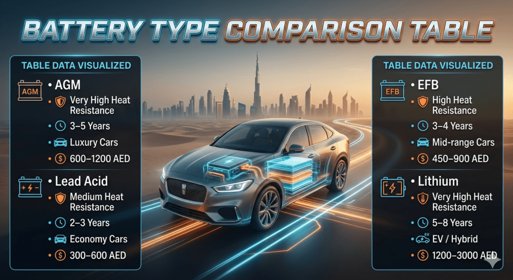 Automotive battery comparison infographic showing AGM, EFB, Lithium, and Lead Acid performance in UAE heat with Dubai car service guide design.