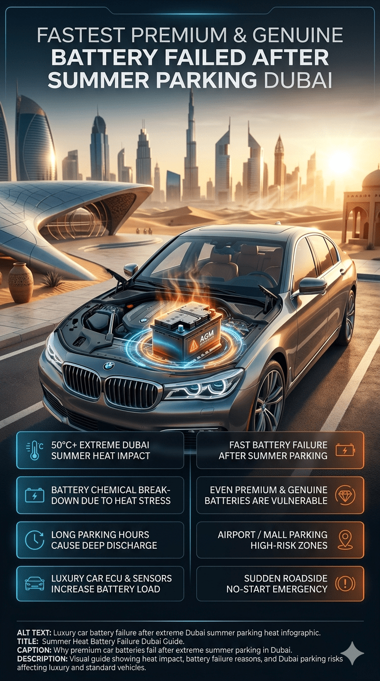Luxury car battery failure after extreme summer parking heat in Dubai with infographic guide showing causes and risk zones.