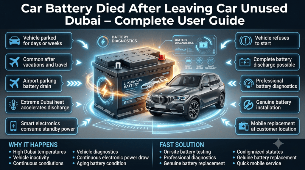 Professional user guide infographic showing a dead car battery after a vehicle remained unused in Dubai. Central premium car battery illustration with surrounding key warning signs, causes, and solutions displayed in modern animated callout boxes. High-end automotive design with luxury vehicle theme and Dubai-inspired background.