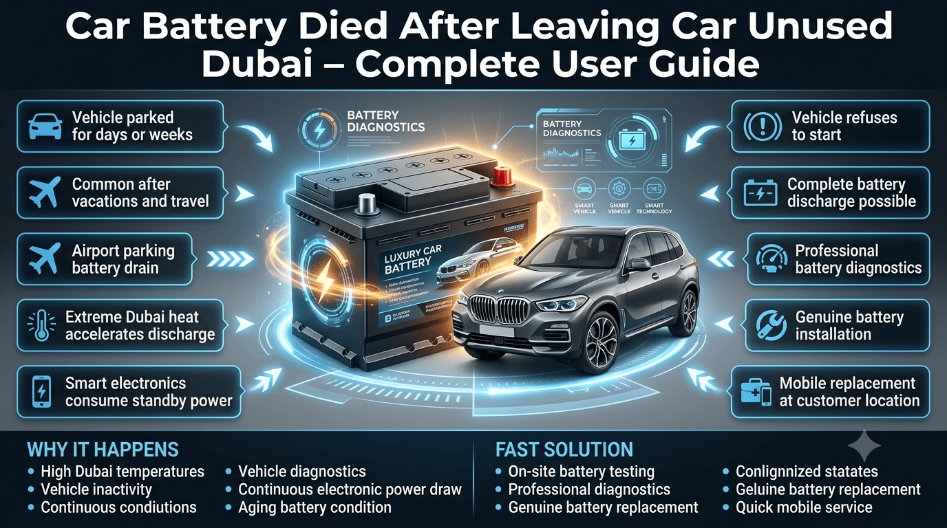 Professional user guide infographic showing a dead car battery after a vehicle remained unused in Dubai. Central premium car battery illustration with surrounding key warning signs, causes, and solutions displayed in modern animated callout boxes. High-end automotive design with luxury vehicle theme and Dubai-inspired background.