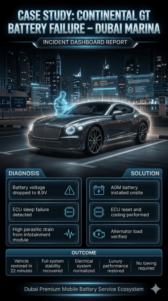 Luxury automotive case study infographic showing Continental GT battery failure in Dubai Marina with diagnosis, ECU sleep failure, AGM replacement, and successful 22-minute restoration.