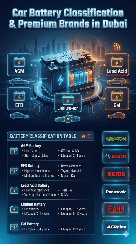 Infographic showing car battery classification in Dubai including AGM, EFB, Lead Acid, Lithium, and Gel batteries with premium automotive brands and usage details in a modern futuristic dashboard style.
