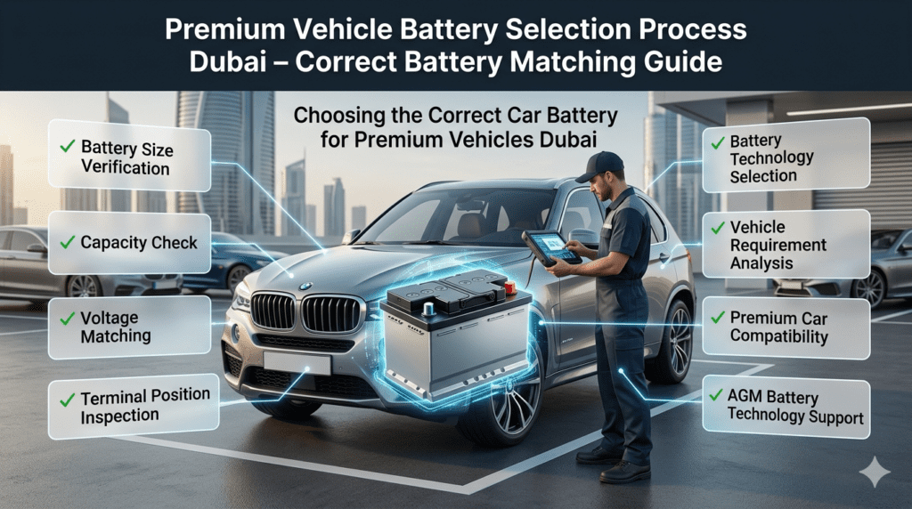 Premium Vehicle Battery Selection Guide Dubai Premium vehicle battery selection process in Dubai showing technician checking battery size, voltage, capacity, and AGM battery compatibility
