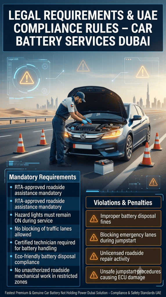 Dubai UAE automotive compliance infographic showing legal requirements and violations for roadside car battery replacement and jumpstart services.