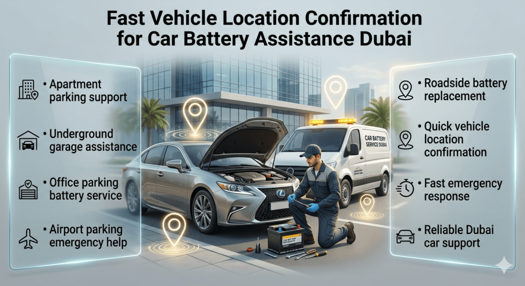 Vehicle location confirmation infographic showing Dubai car battery assistance at apartment parking, underground garage, office parking, airport parking, and roadside locations.