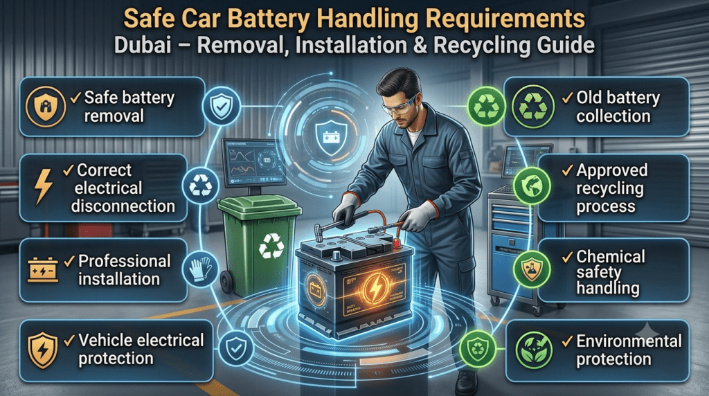 Car battery handling requirements in Dubai showing safe removal, installation, disposal, and recycling procedures