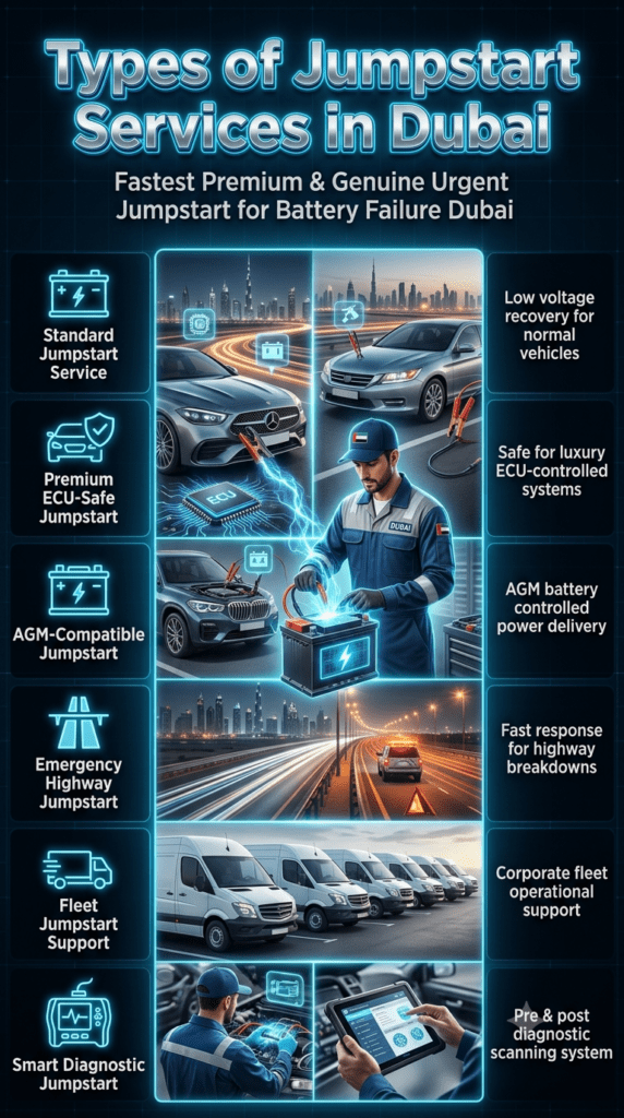 Types of Jumpstart Services in Dubai – Premium ECU Safe, AGM & Emergency Roadside Assistance Guide Infographic showing different types of jumpstart services in Dubai including standard, ECU-safe, AGM, highway emergency, fleet support, and smart diagnostic jumpstart for luxury and regular vehicles.