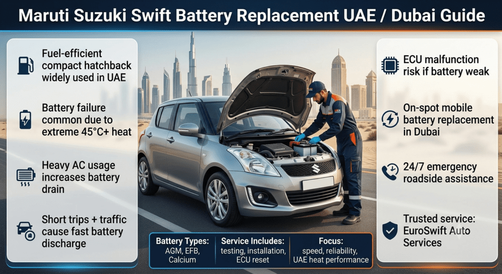 Professional infographic showing Maruti Suzuki Swift battery replacement in UAE with technician installing new battery, Dubai skyline background, and key service information about heat, breakdown risk, and mobile battery replacement.