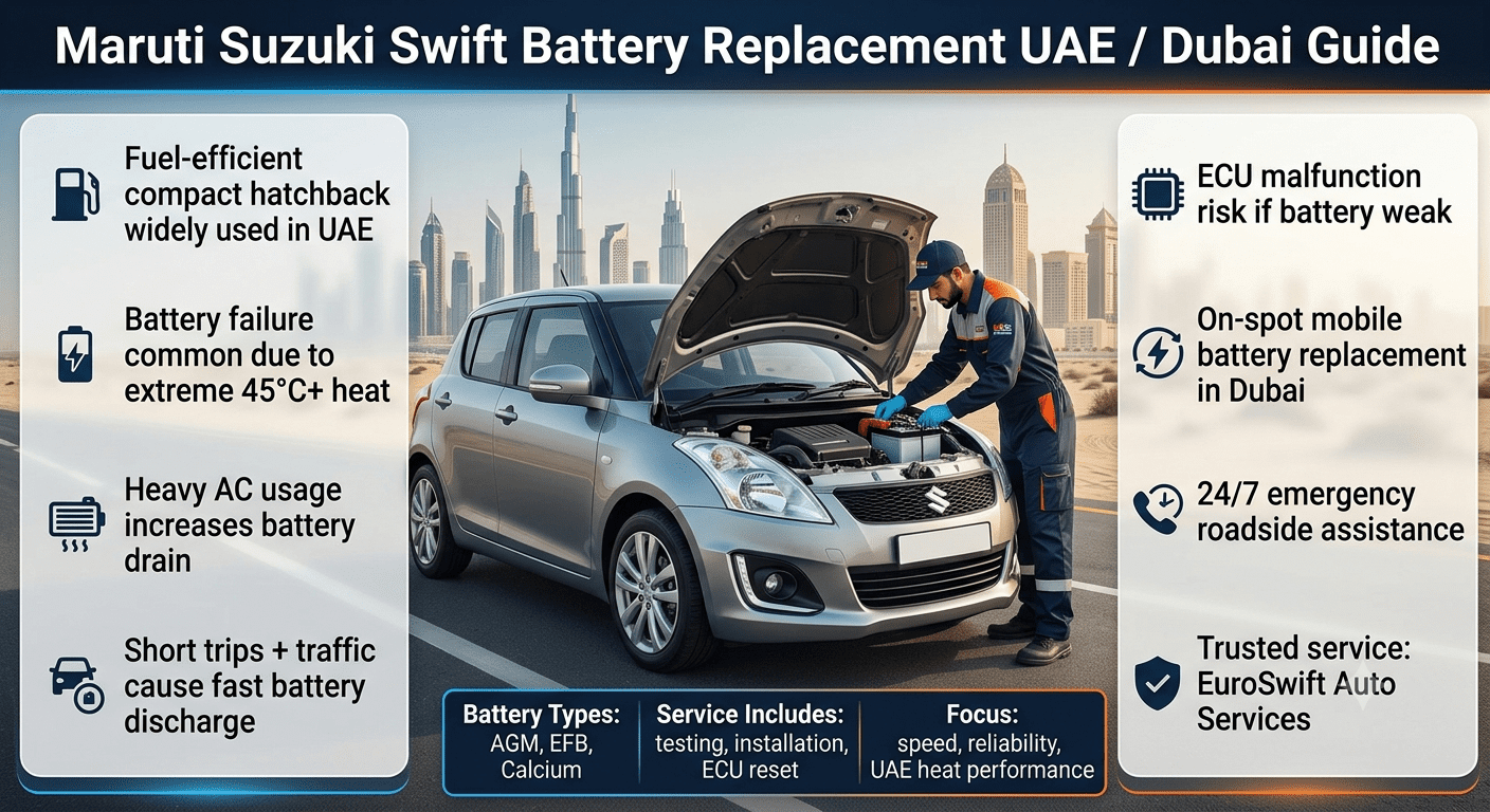 Professional infographic showing Maruti Suzuki Swift battery replacement in UAE with technician installing new battery, Dubai skyline background, and key service information about heat, breakdown risk, and mobile battery replacement.