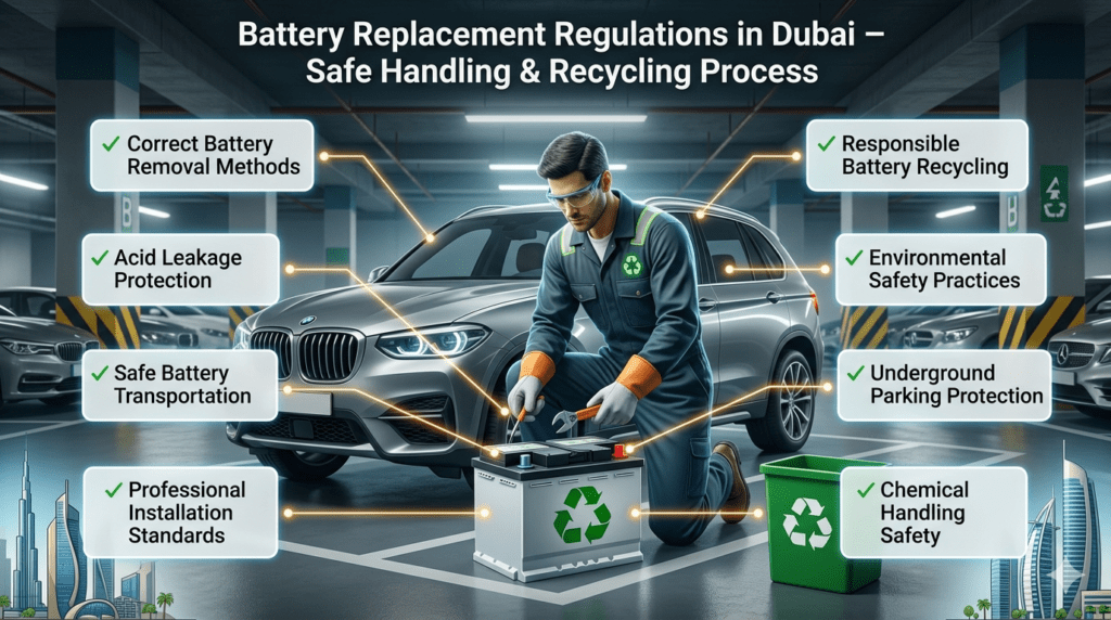Battery Replacement Regulations Dubai Safety Guide Car battery replacement regulations in Dubai showing safe battery removal, acid protection, recycling, and professional handling process