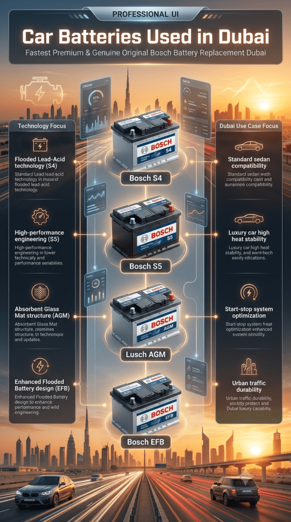 Infographic showing different Bosch car battery types used in Dubai including S4, S5, AGM, and EFB with their technology and vehicle compatibility.