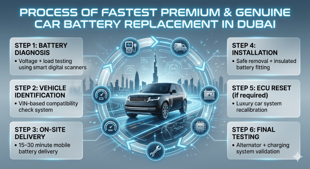 Step-by-step infographic showing car battery replacement process in Dubai including diagnosis, delivery, installation, ECU reset, and final testing.
