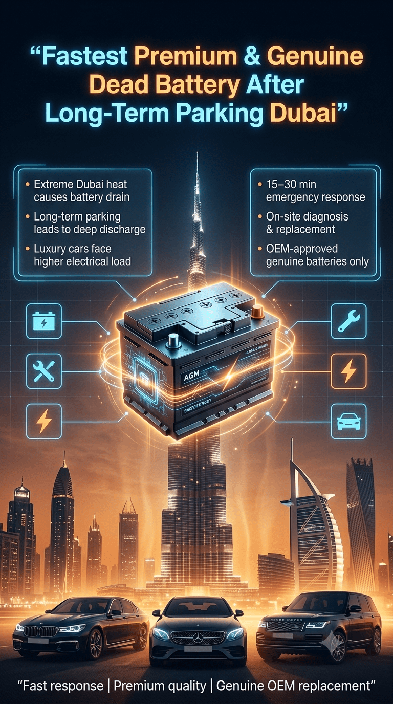 Premium automotive infographic showing dead car battery after long-term parking in Dubai with luxury skyline, AGM battery center focus, and emergency service details.