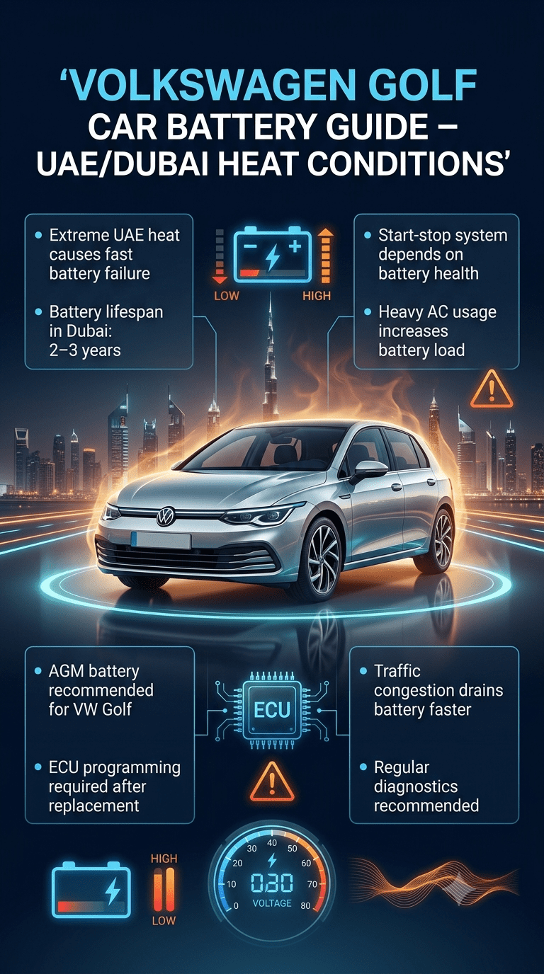Volkswagen Golf parked in a futuristic Dubai night skyline with infographic side panels explaining car battery replacement in UAE heat conditions.