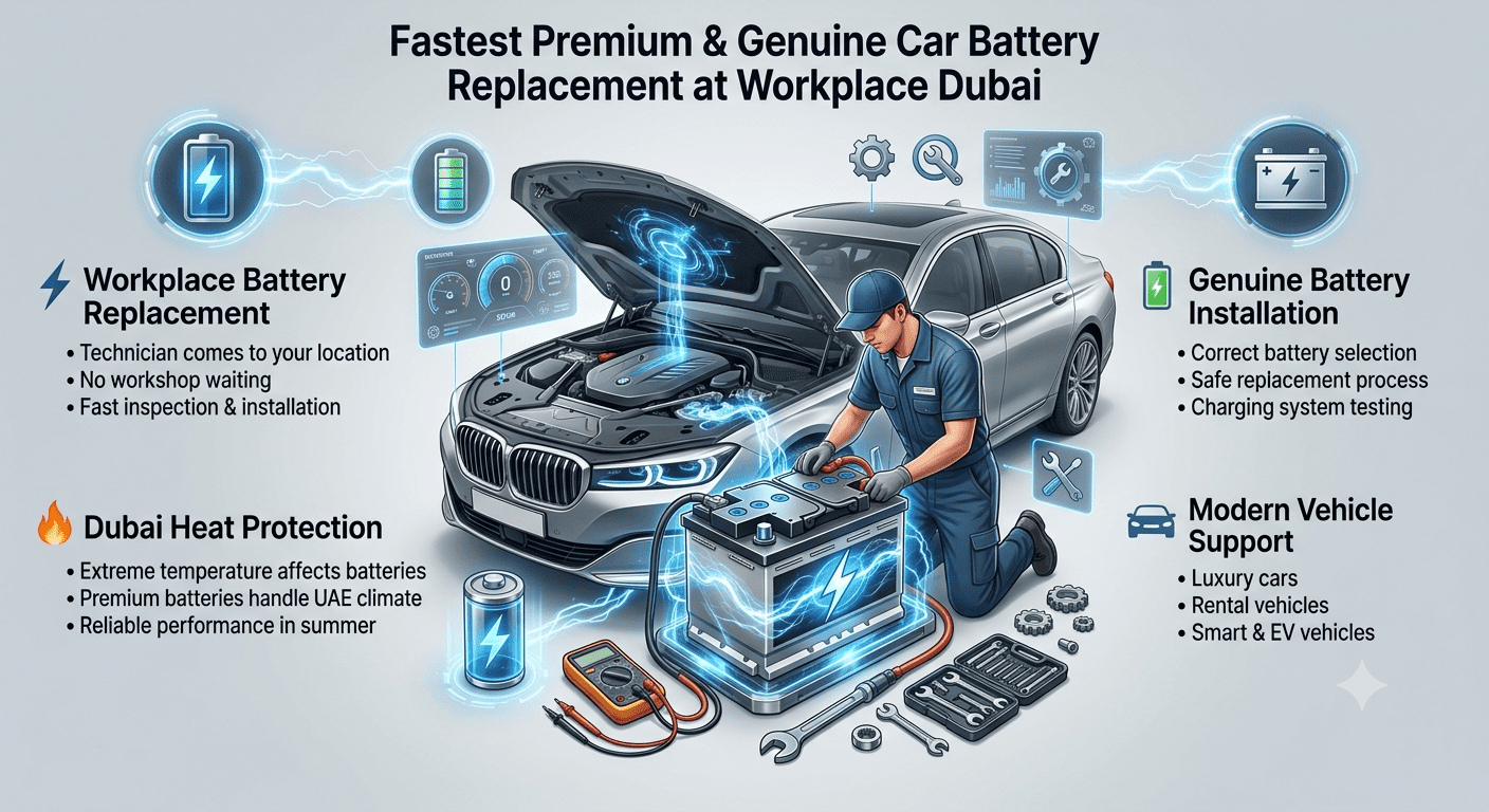 Fastest premium and genuine car battery replacement at workplace Dubai with professional technician installing battery and showing mobile automotive service benefits.