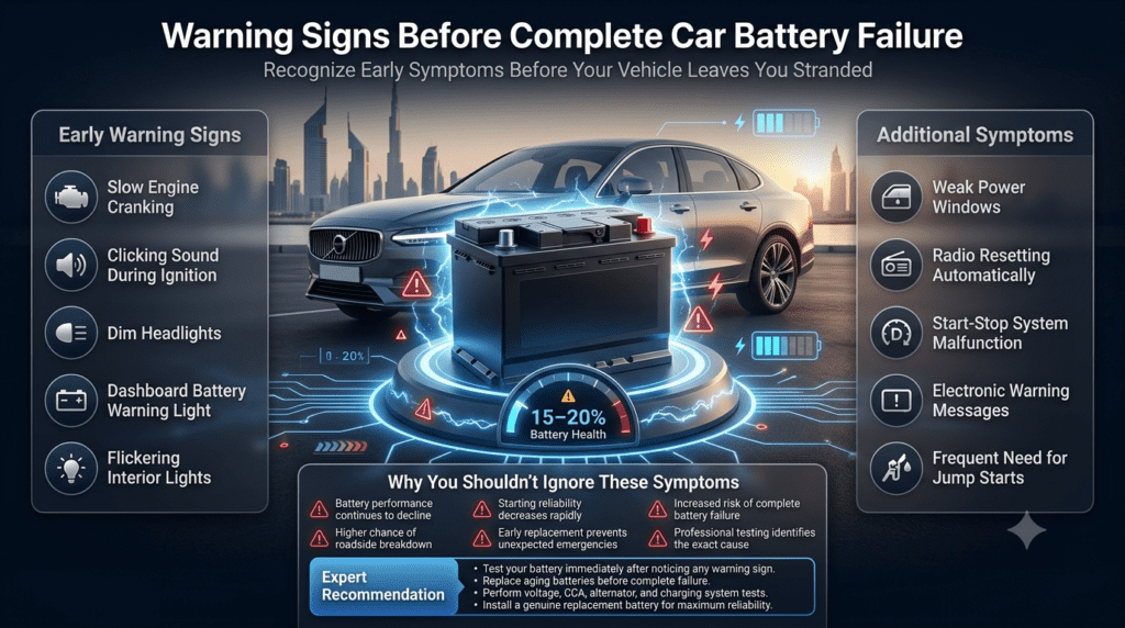 Warning signs before complete car battery failure showing slow engine cranking, dim headlights, battery warning light, and other early symptoms in a premium automotive infographic.