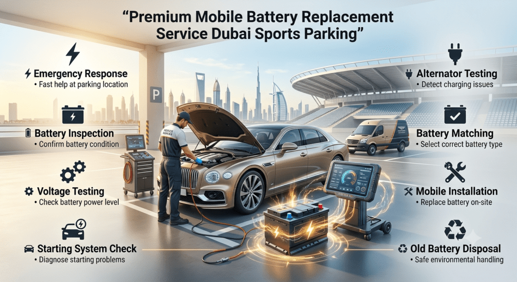 Premium mobile car battery replacement service Dubai sports parking with technician, battery inspection, and emergency roadside support