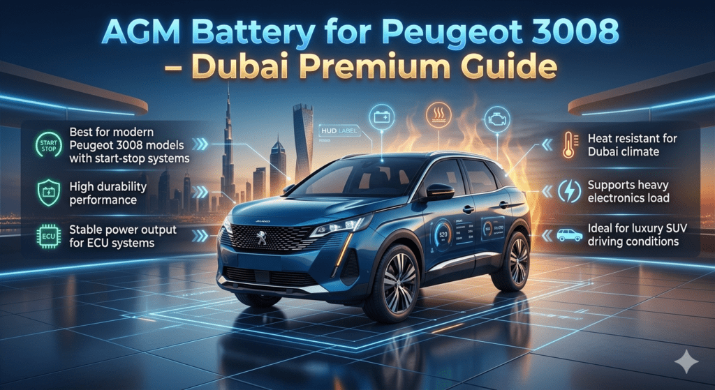 Peugeot 3008 SUV centered in a futuristic Dubai-themed infographic showing AGM battery benefits with key performance points displayed on both sides.